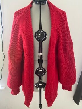 Red Open-Front Chunky Knit Cardigan Sweater